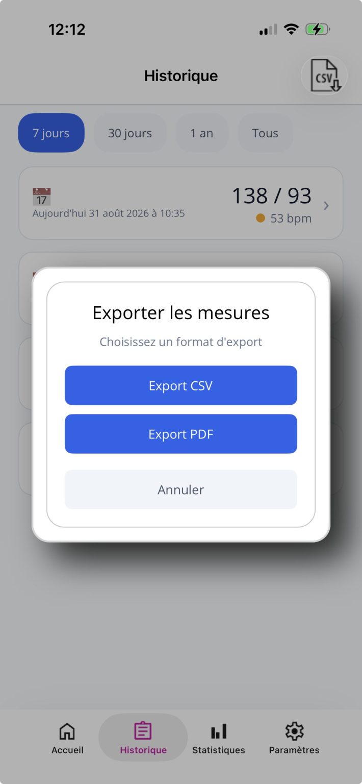 TensiSuivi &ndash; export CSV/PDF